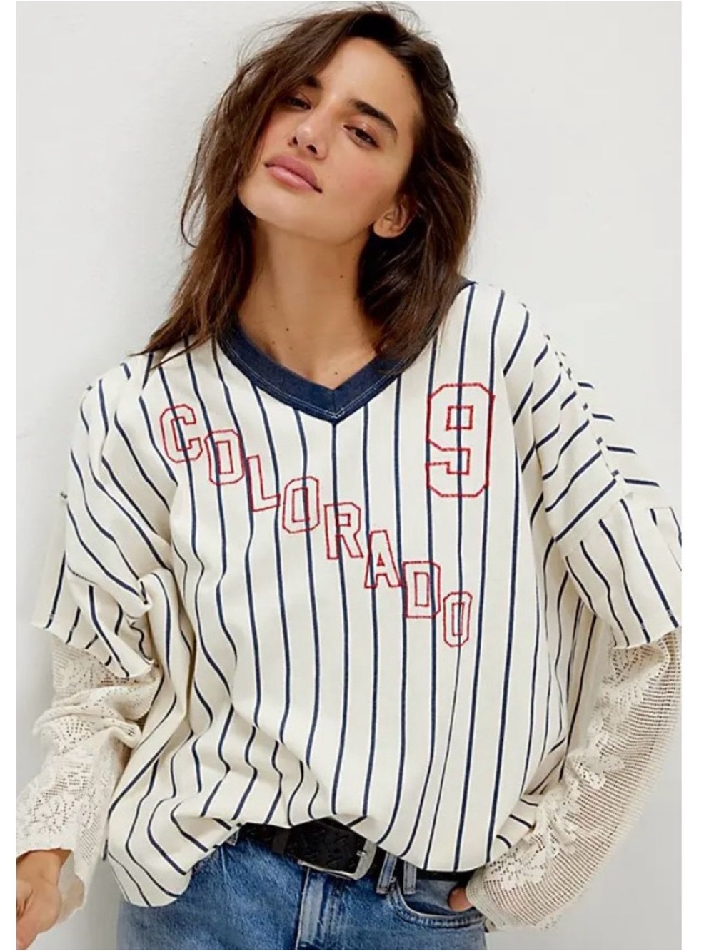 Colorado Stripe V-Neck Women’s Top in Cream and Navy